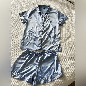 Satin Short Sleeve Pajama Set - Blue